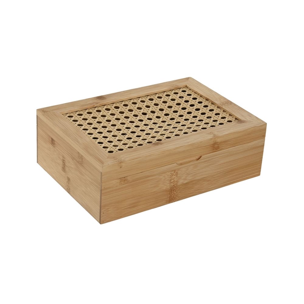 boite en bois de bambou avec couvercle ajouré en rotin tressé, 6 compartiments.
