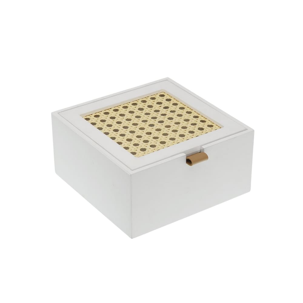 boite en bois blanc avec couvercle ajouré en cannage rotin, carrée.