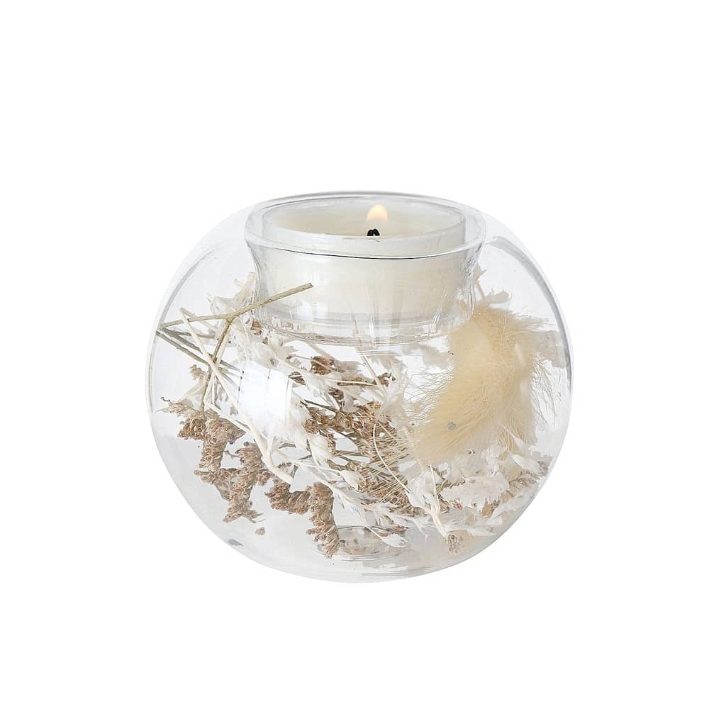 bougeoir rond en verre et fleurs séchées à l'intérieur. Bougeoir pour bougie chauffe-plat
