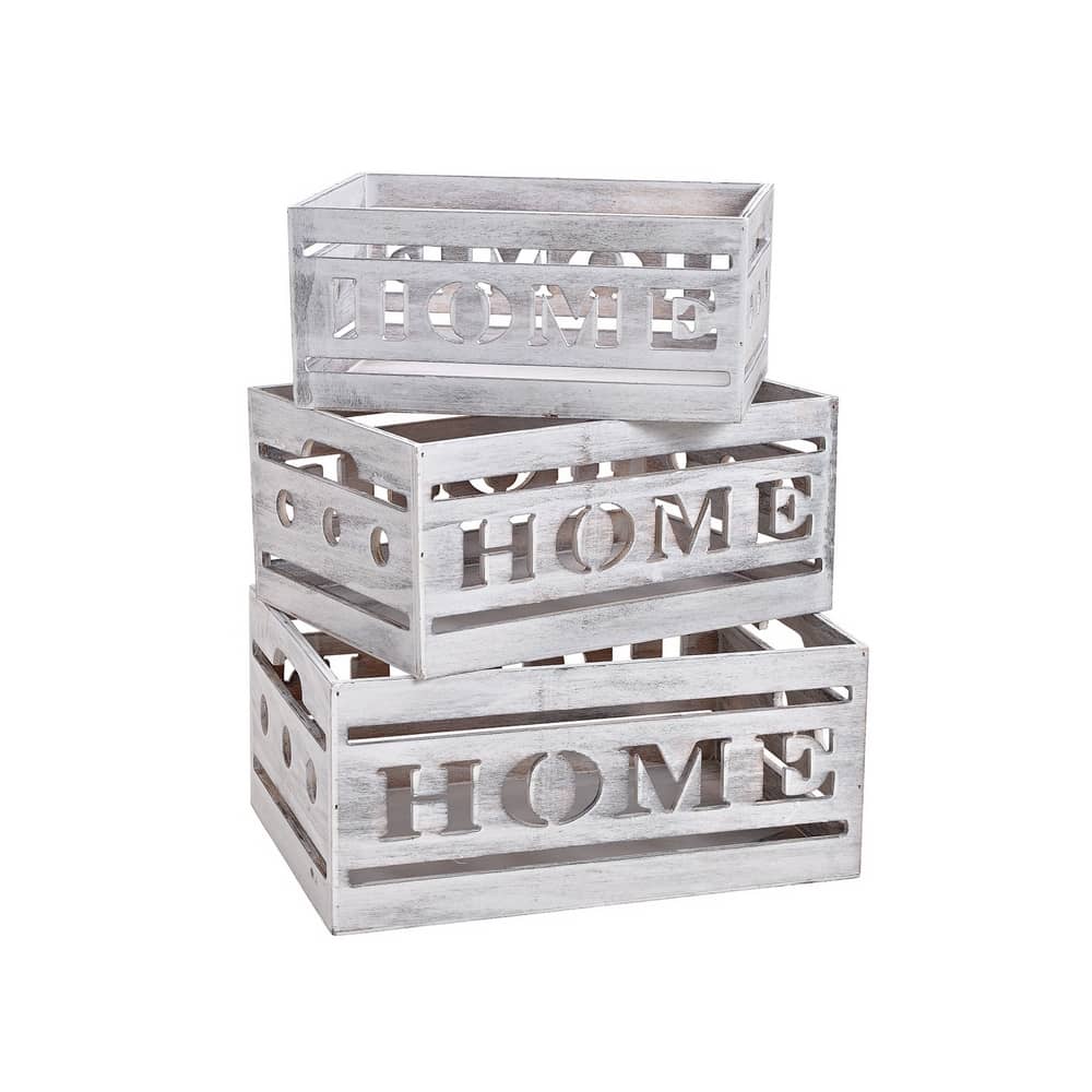 caisse de décoration en bois blanchi ajourée, lettres 'home'. Pour la décoration et le rangement de la maison