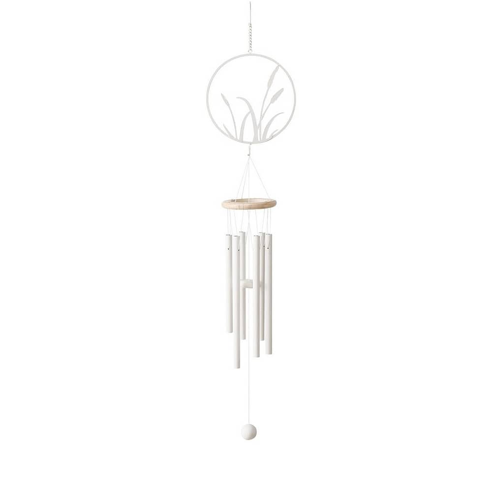 carillon à vent extérieur en fer laqué blanc et bois, motif végétal