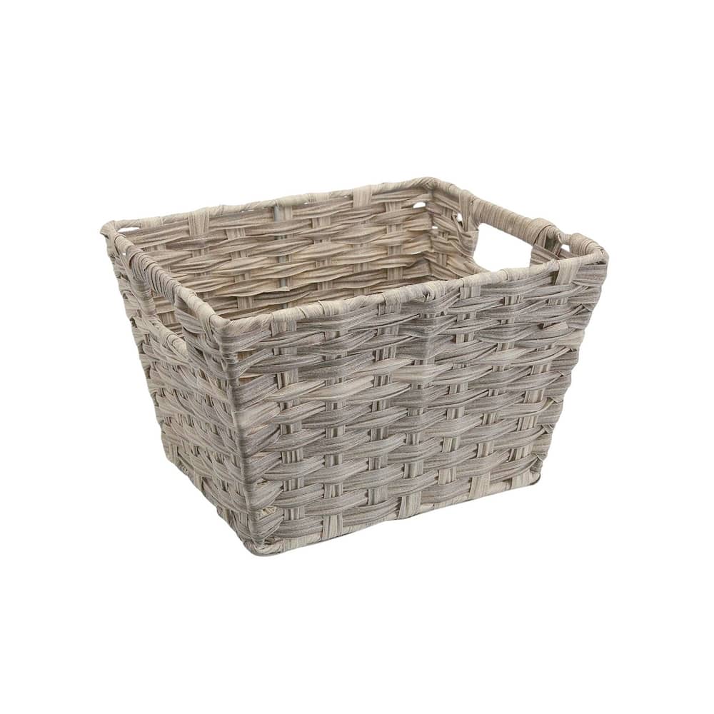 corbeille de rangement déco en polyéthylène gris tressé avec poignées. Pour le rangement et la décoration de la maison