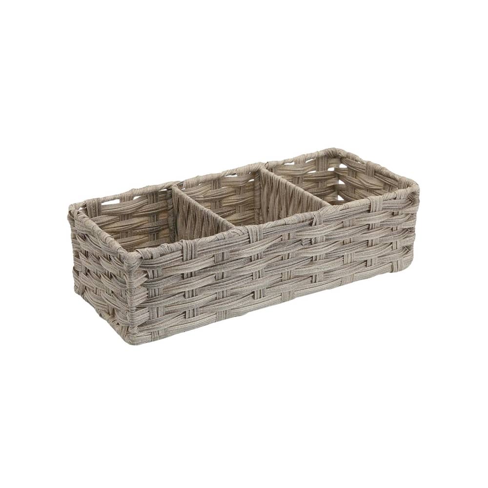 corbeille de rangement déco en polyéthylène gris tressé, trois compartiments. Pour le rangement et la décoration de la maison