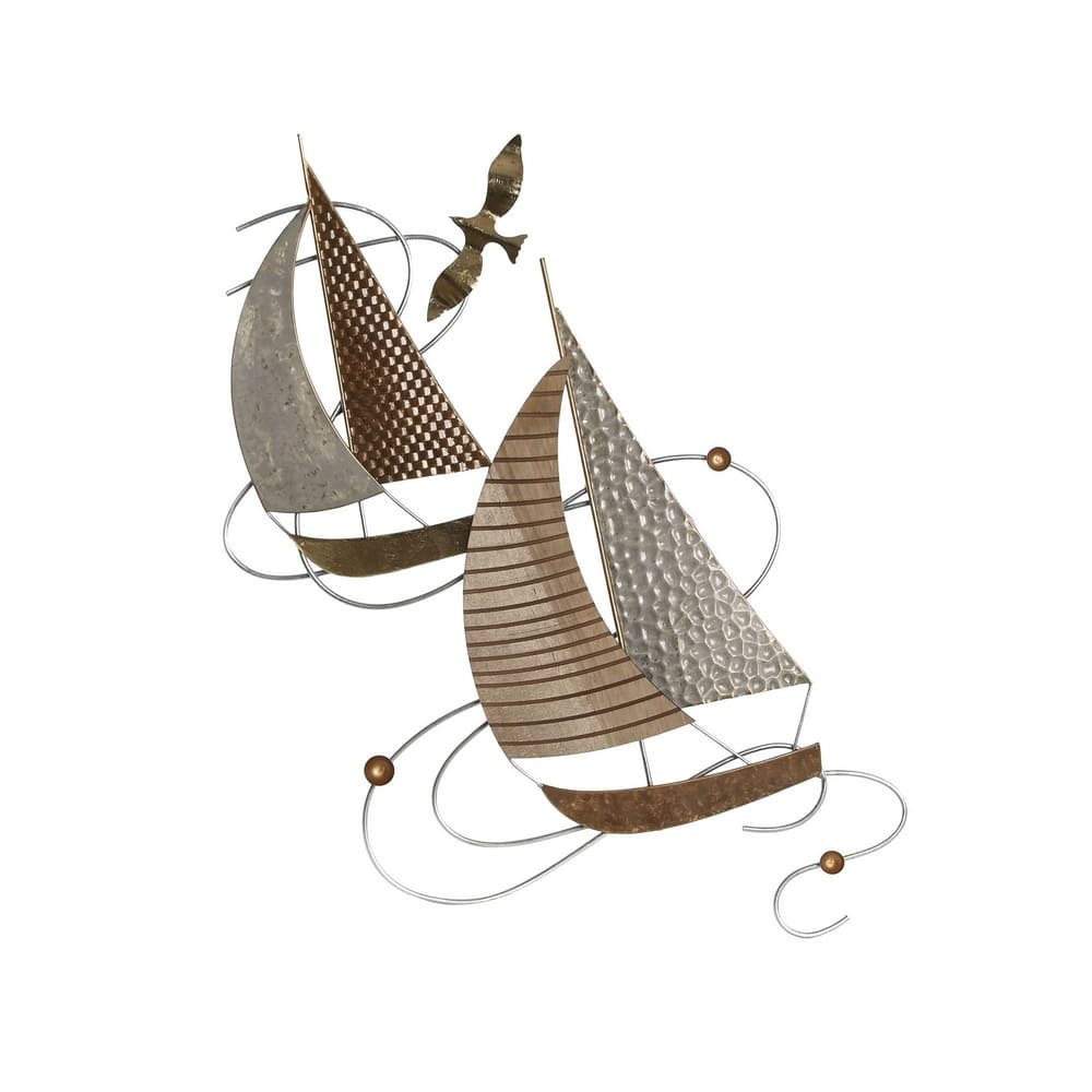 décoration murale bateaux et mouettes en métal et bois de 77cm