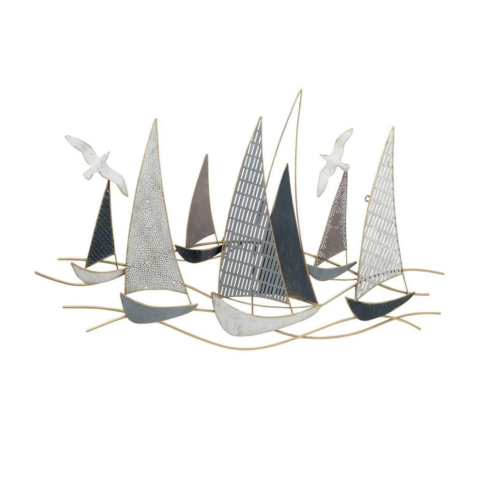 décoration murale bateaux et mouettes en métal bleu et doré de 109cm