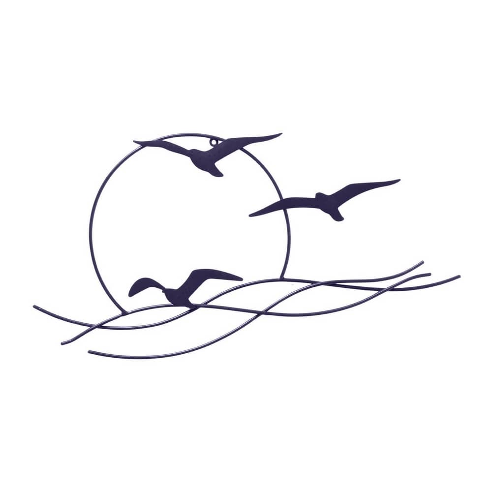 décoration murale pour l'extérieur, trois mouettes bleu marine en fer avec vagues et soleil couchant