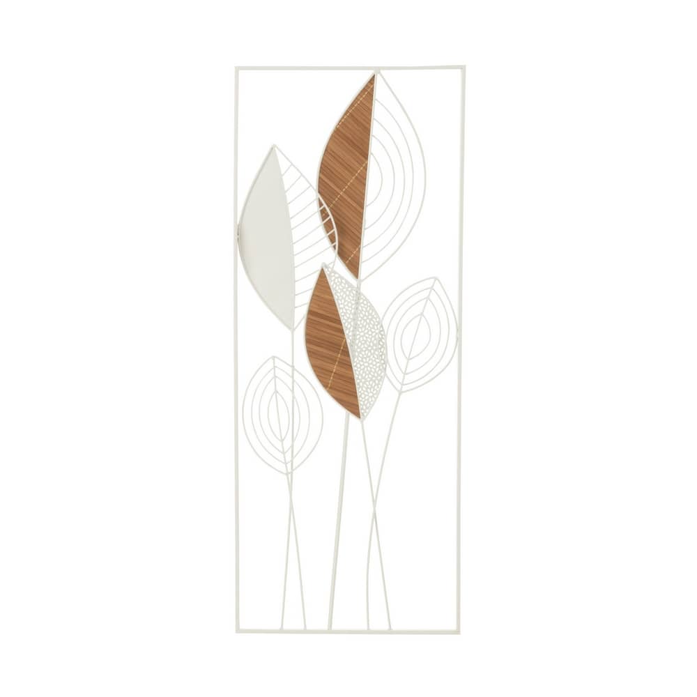 décoration murale en métal blanc et bois, feuilles d'arbre de 75cm