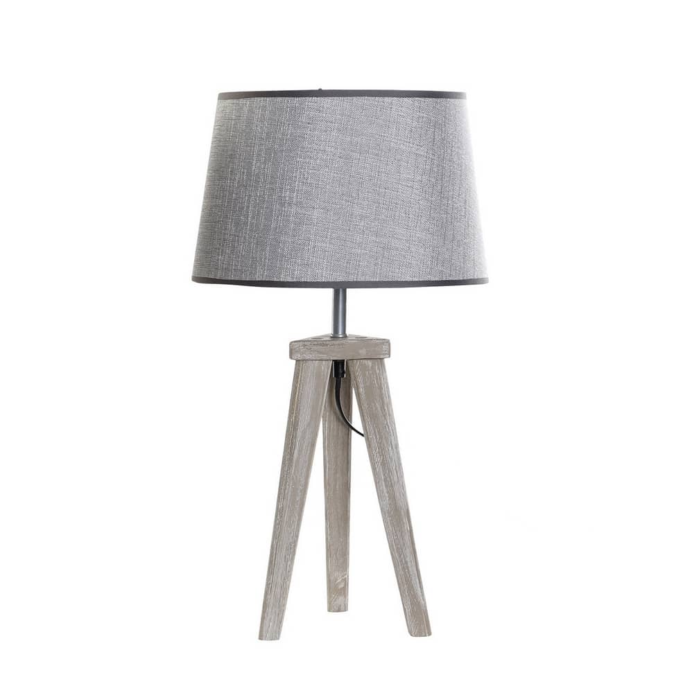 Lampe à poser tripode pour table ou chevet en bois et lin, abat-jour gris, 57cm