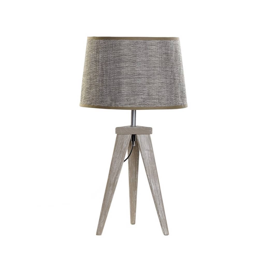 Lampe à poser tripode pour table ou chevet en bois et lin, abat-jour marron, 57cm