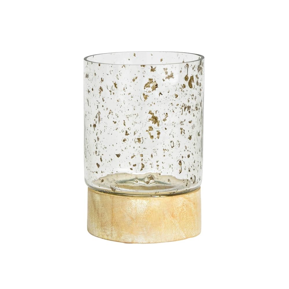 photophore en verre bullé avec socle en bois de manguier pour bougie, 13cm
