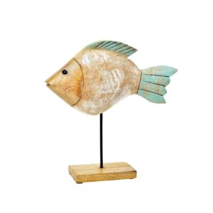 Figurine en bois sur pied métal – Poisson, 27cm