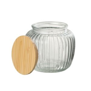 Pot décoratif en verre strié, couvercle bois – 1.3L