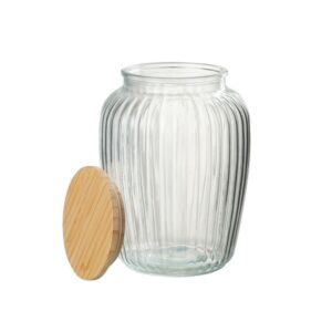 Pot décoratif en verre strié, couvercle bois – 2.2L