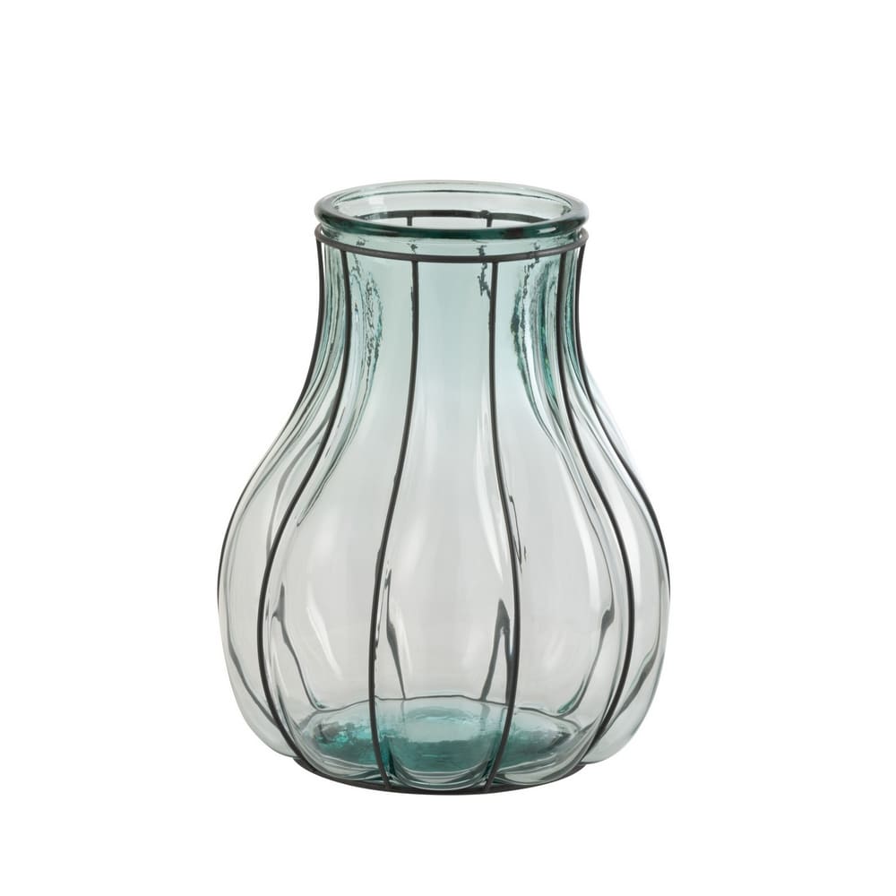 Vase en verre bleu dans une cage en métal noir fusionné, 29cm