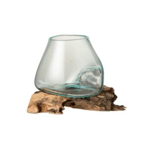 Vase en verre recyclé soufflé sur socle bois – 20cm