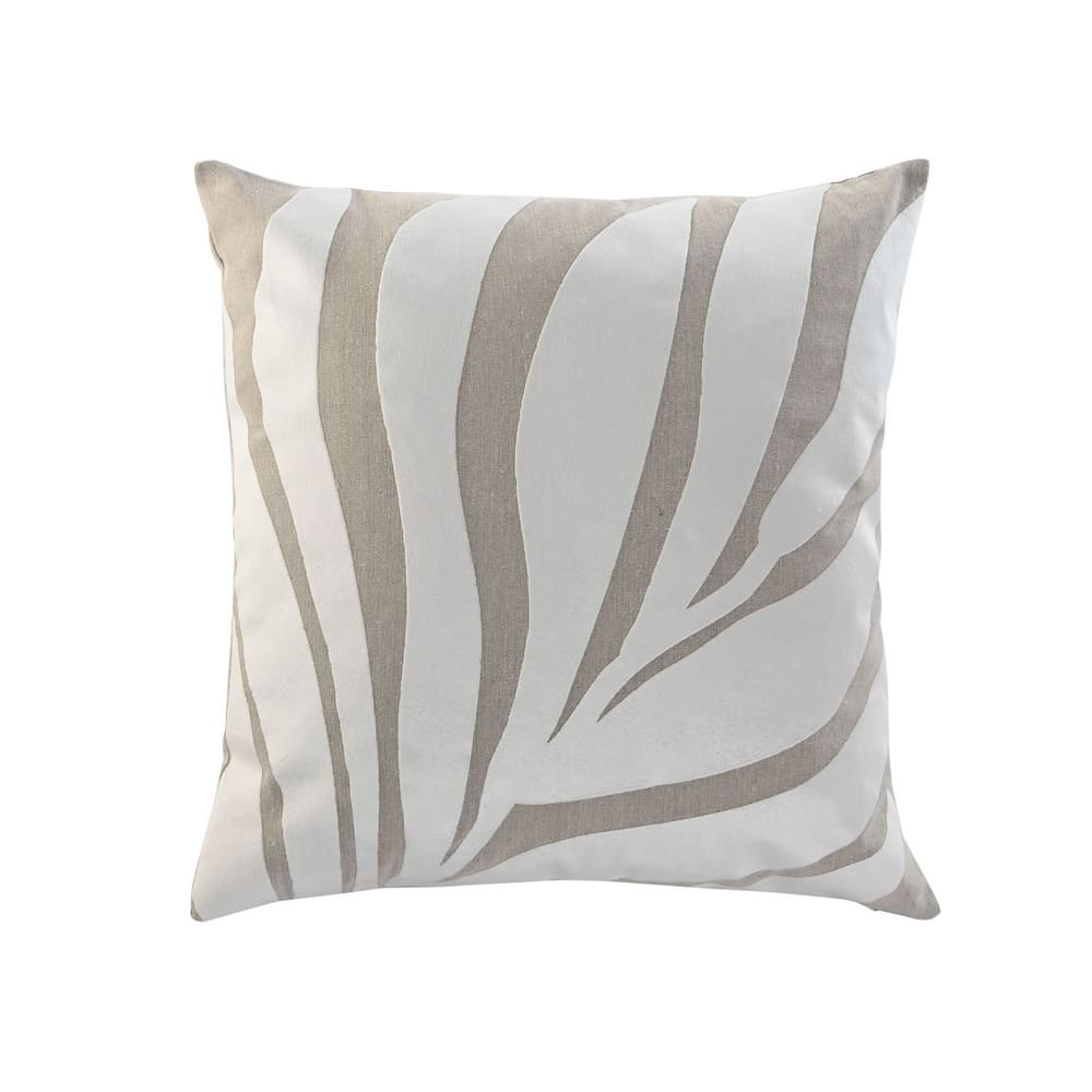 Coussin décoratif beige et blanc en coton déhoussable 45x45 pour canapé. Motifs feuilles en relief