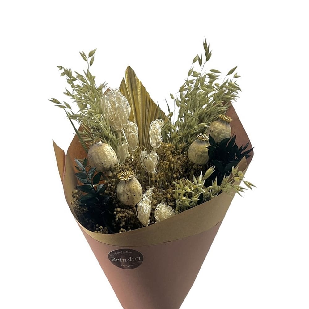 bouquet de fleurs séchées naturelles vert et doré 50cm