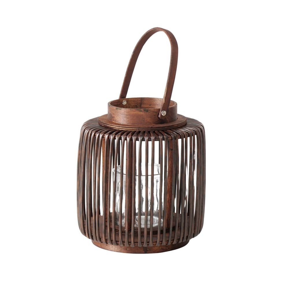 lanterne à bougie pour l'extérieur, à suspendre ou poser. En bois stratifié marron et verre