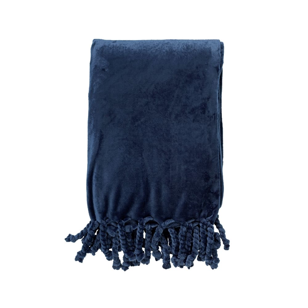 plaid polaire à franges bleu marine 150x200 en polyester