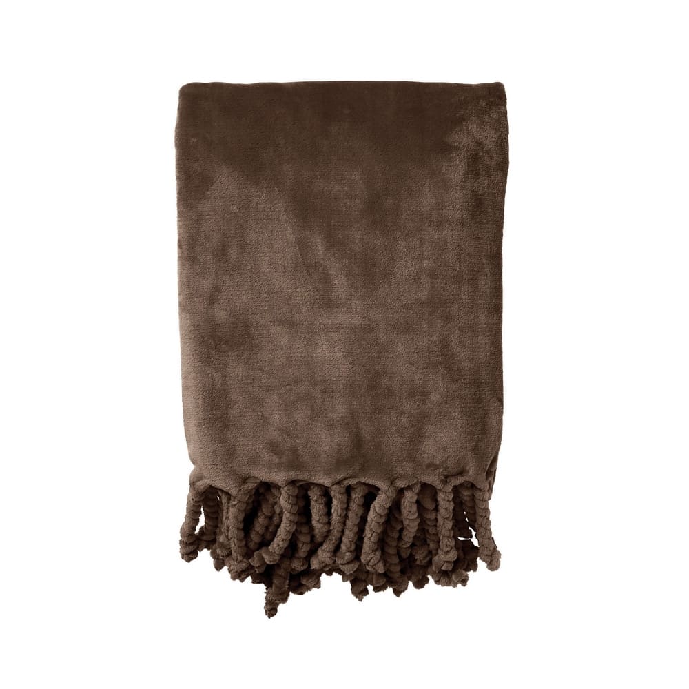 plaid polaire à franges marron chocolat 150x200 en polyester