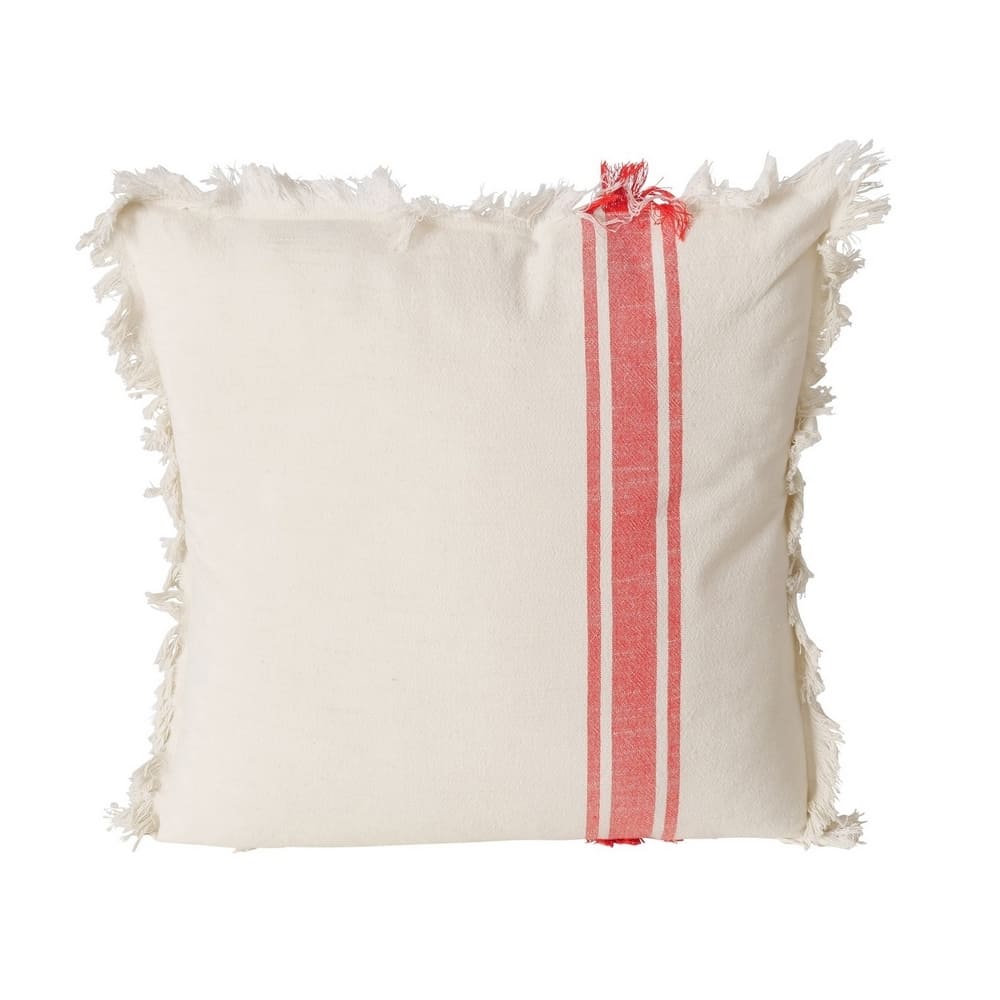 coussin décoratif pour canapé en coton écru et rayures rouges, finitions franges, 45x45cm
