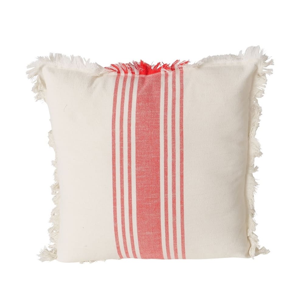 coussin décoratif pour canapé en coton écru et rayures rouges, finitions franges, 45x45cm