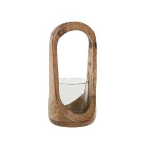 Photophore bougie en verre et socle en bois – 23cm