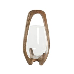Photophore bougie en verre et socle en bois – 33cm