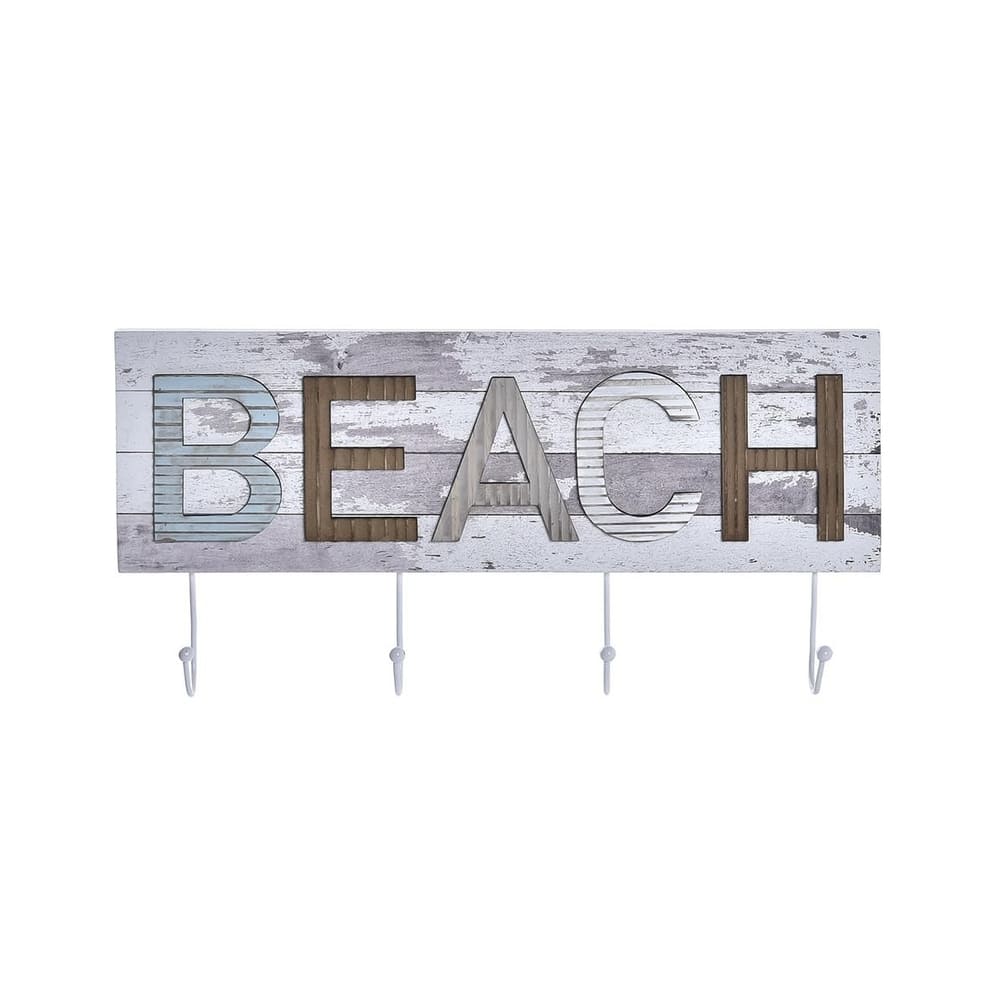porte-manteau mural, patère à quatre crochets en bois et métal, lettrage 'Beach'