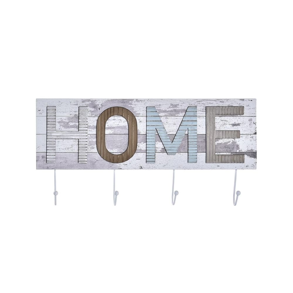 porte-manteau mural, patère à quatre crochets en bois et métal, lettrage 'Home'