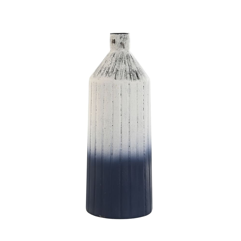 Vase décoratif pour fleurs en métal strié bleu et blanc, 37cm