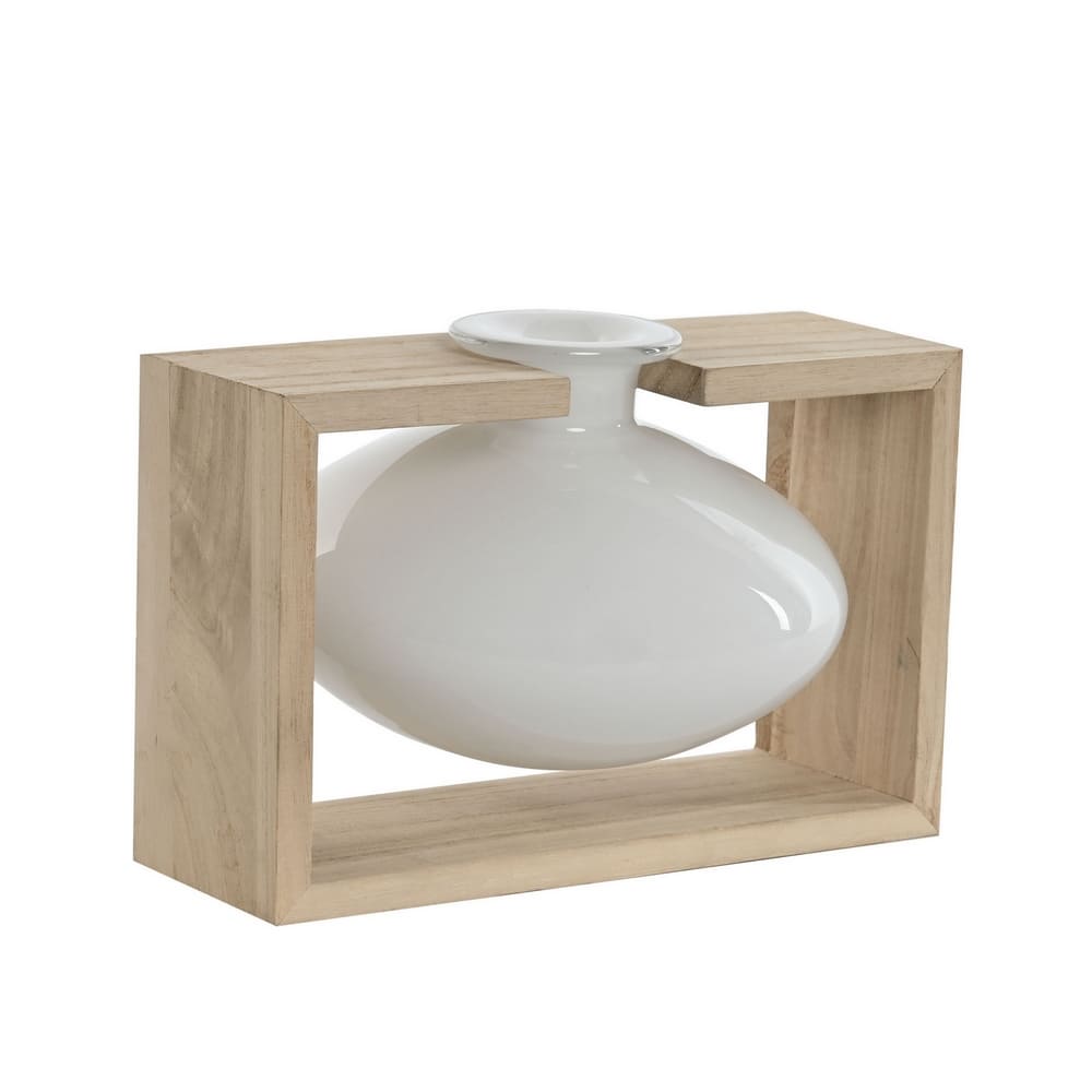 Vase décoratif pour fleurs en verre blanc sur support en bois, hauteur 15cm