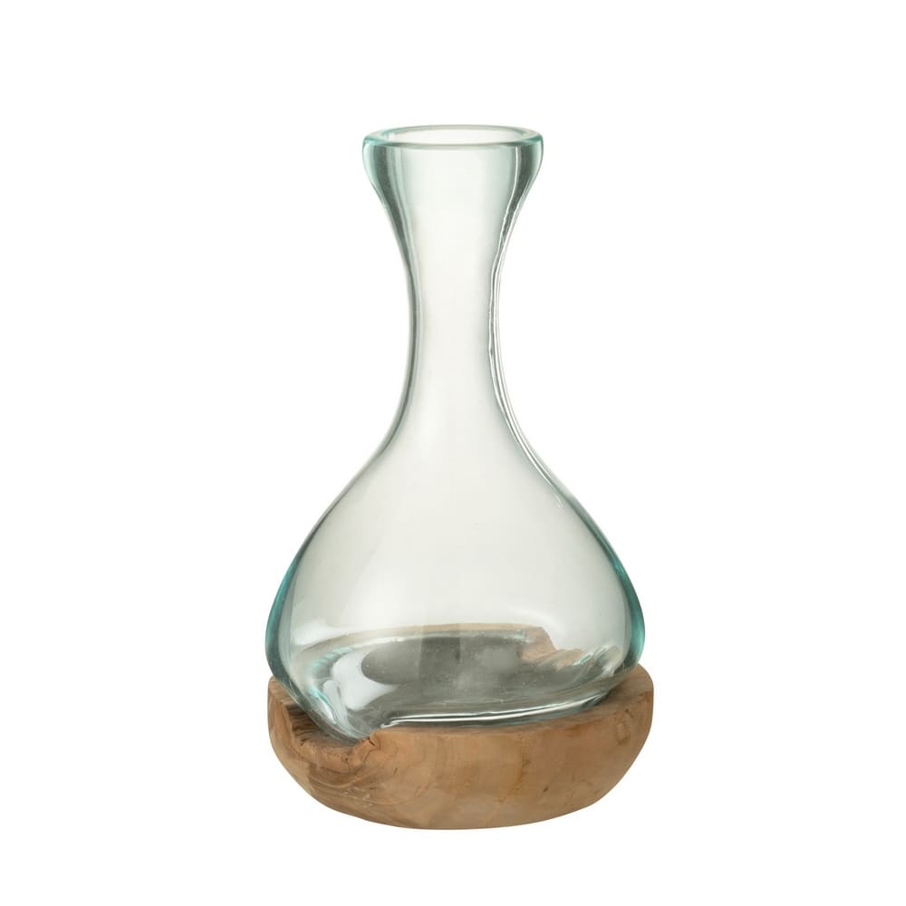 Vase décoratif pour fleurs en verre transparent sur support en bois, 29cm