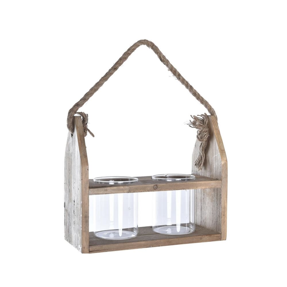 Vase décoratif pour fleurs en verre transparent sur support en bois, à suspendre avec corde en jute