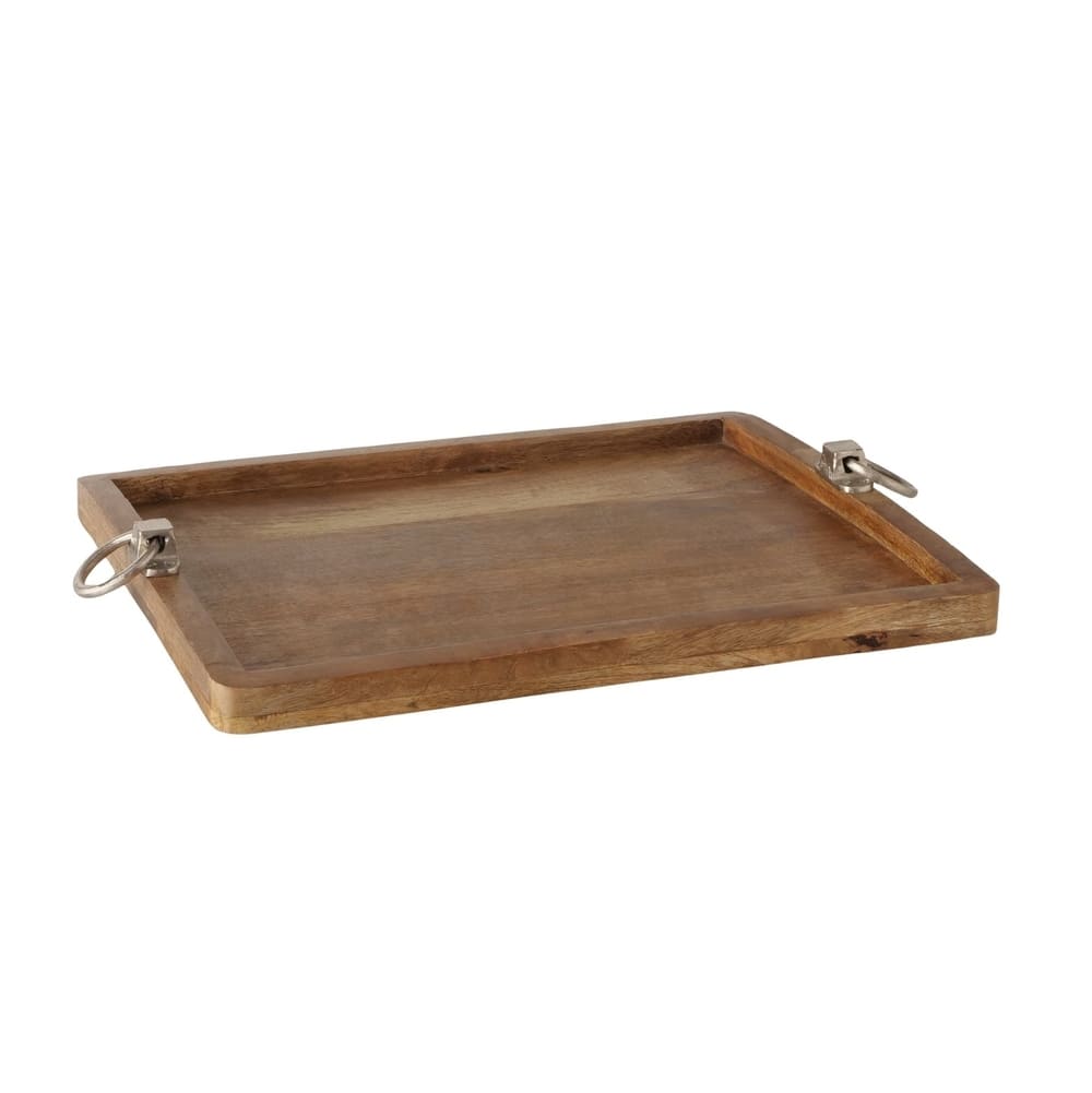 Plateau décoratif rectangle en bois de manguier avec poignées rondes en aluminium nickelé, 55cm